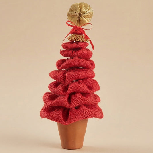 Boho Red Burlap Mini Christmas Tree