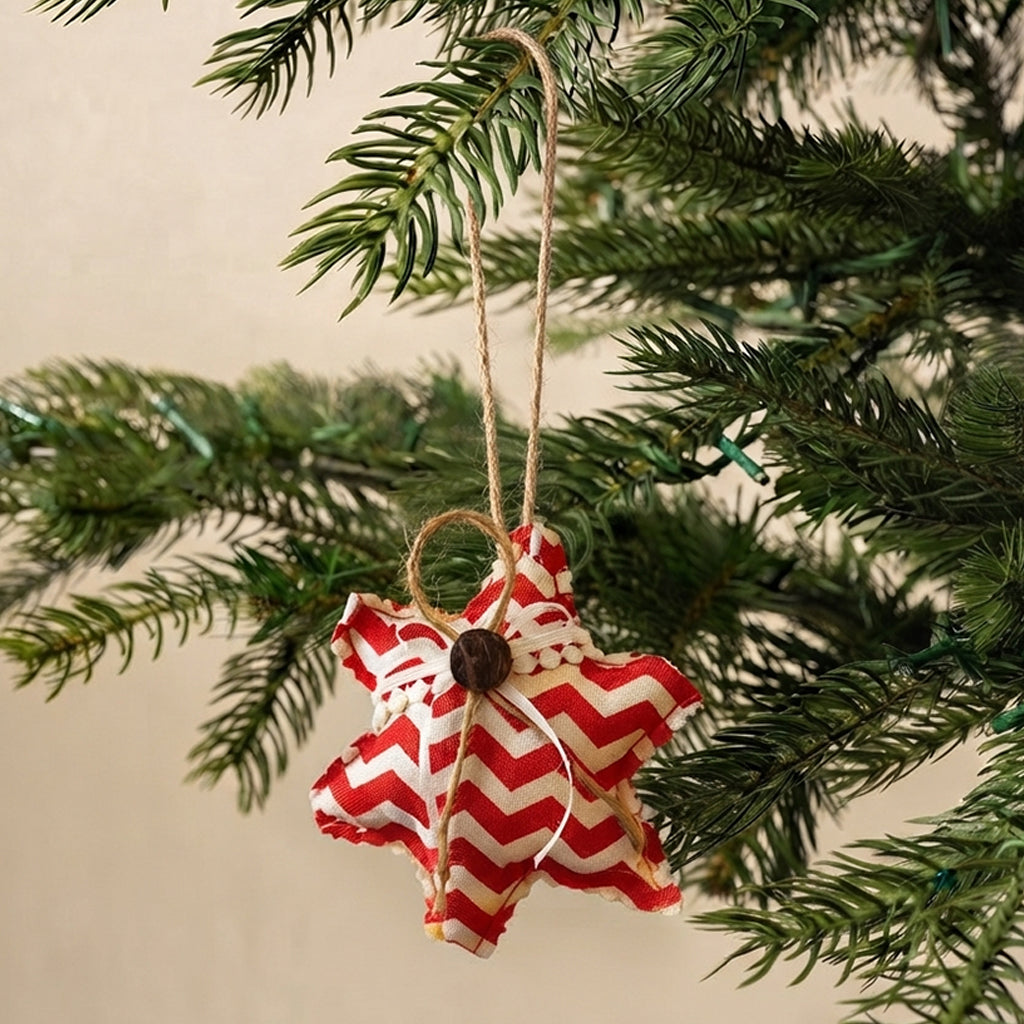 Red & White Chevron Stripe Star Ornament