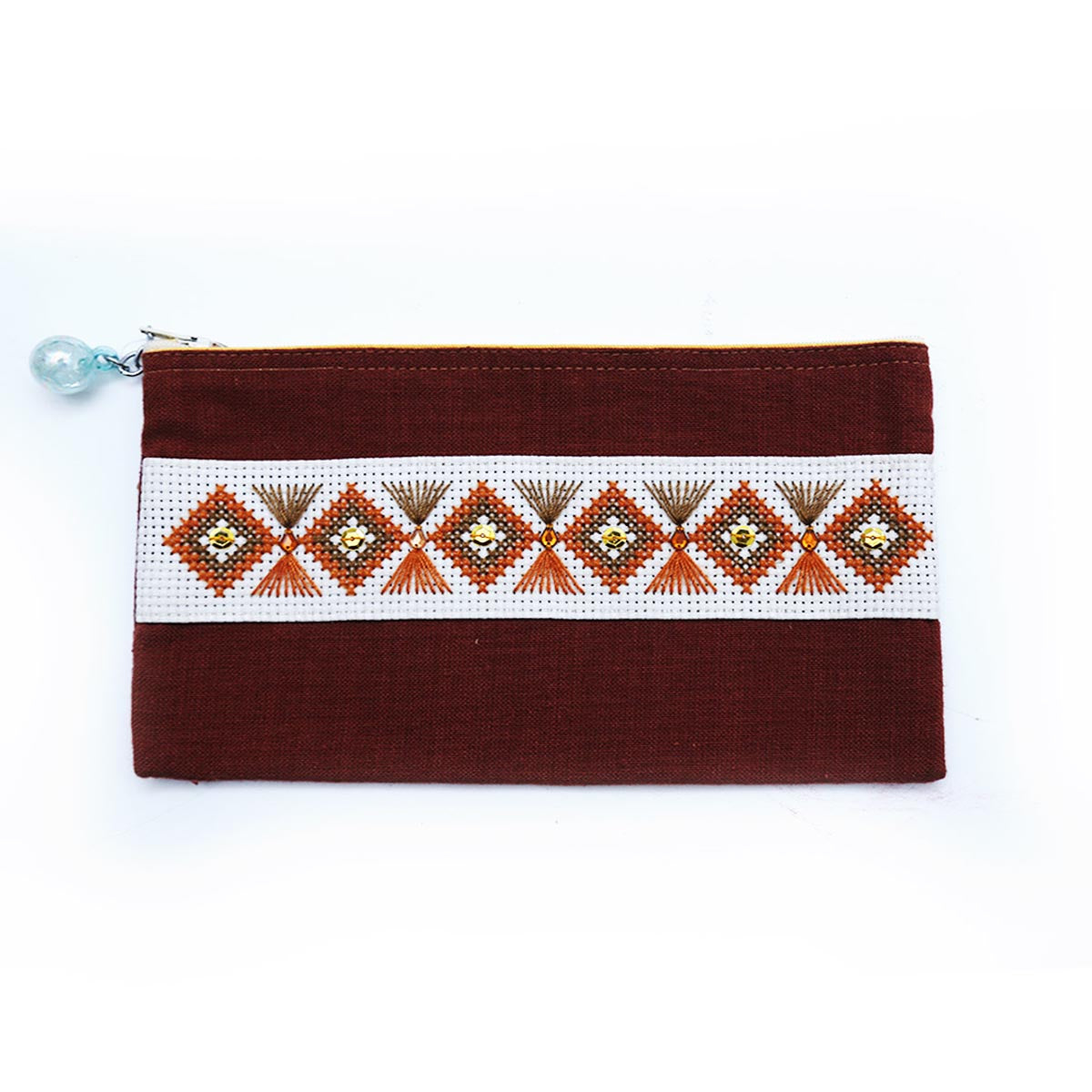 Brown Pencil Case with Cross-stitch