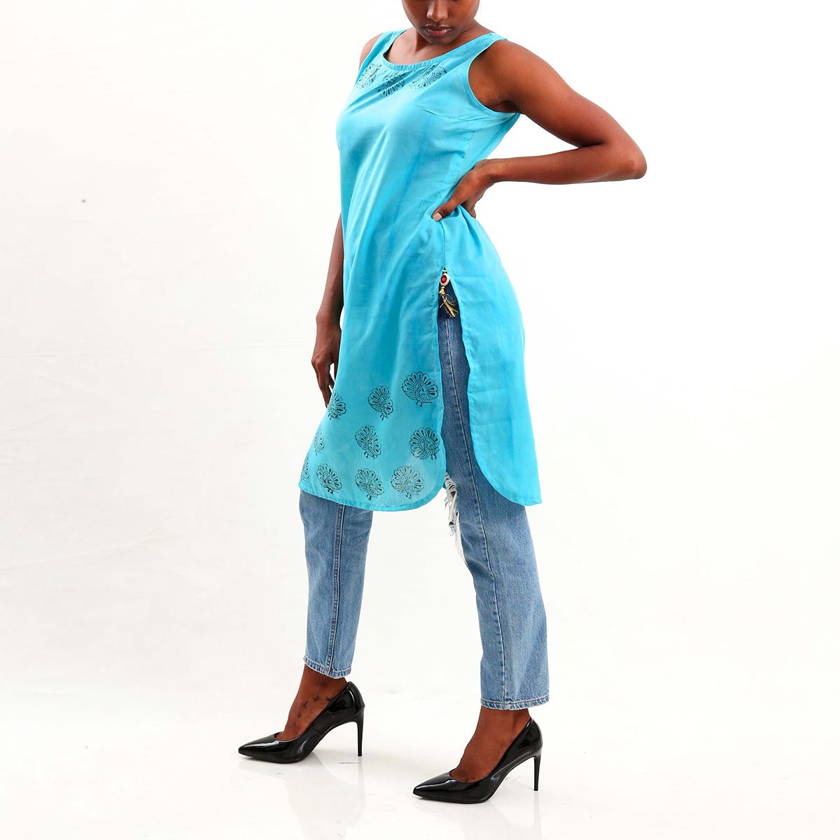 Teal Block Printed Kurta Top