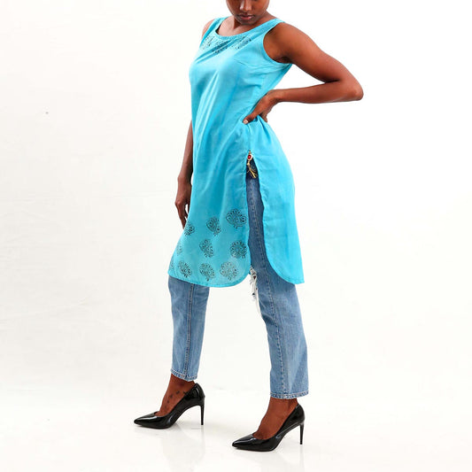 Teal Block Printed Kurta Top