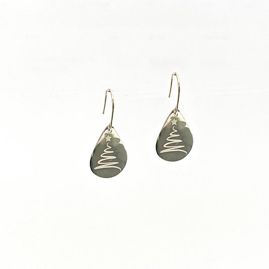Christmas Tree Engraved Sterling Silver Earrings