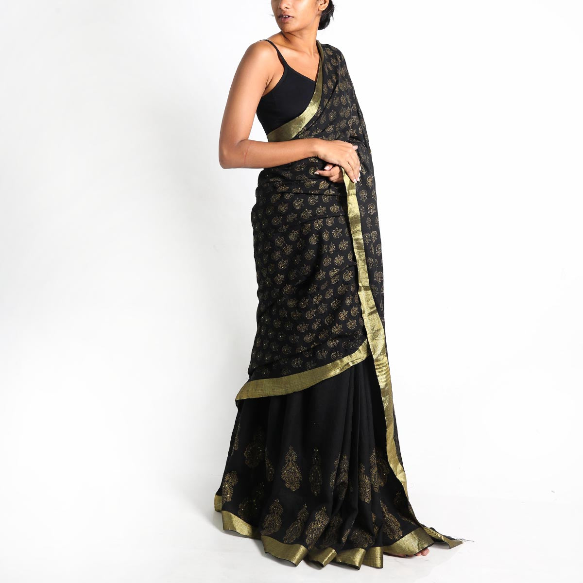 Black and Gold Embellished Block Printed Saree