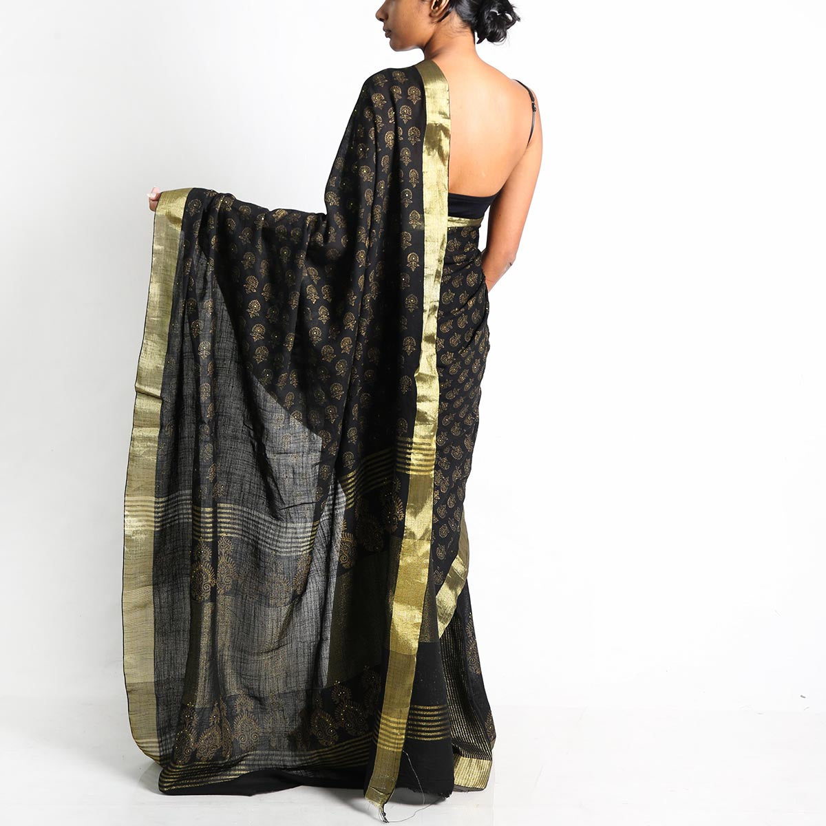 Black and Gold Embellished Block Printed Saree