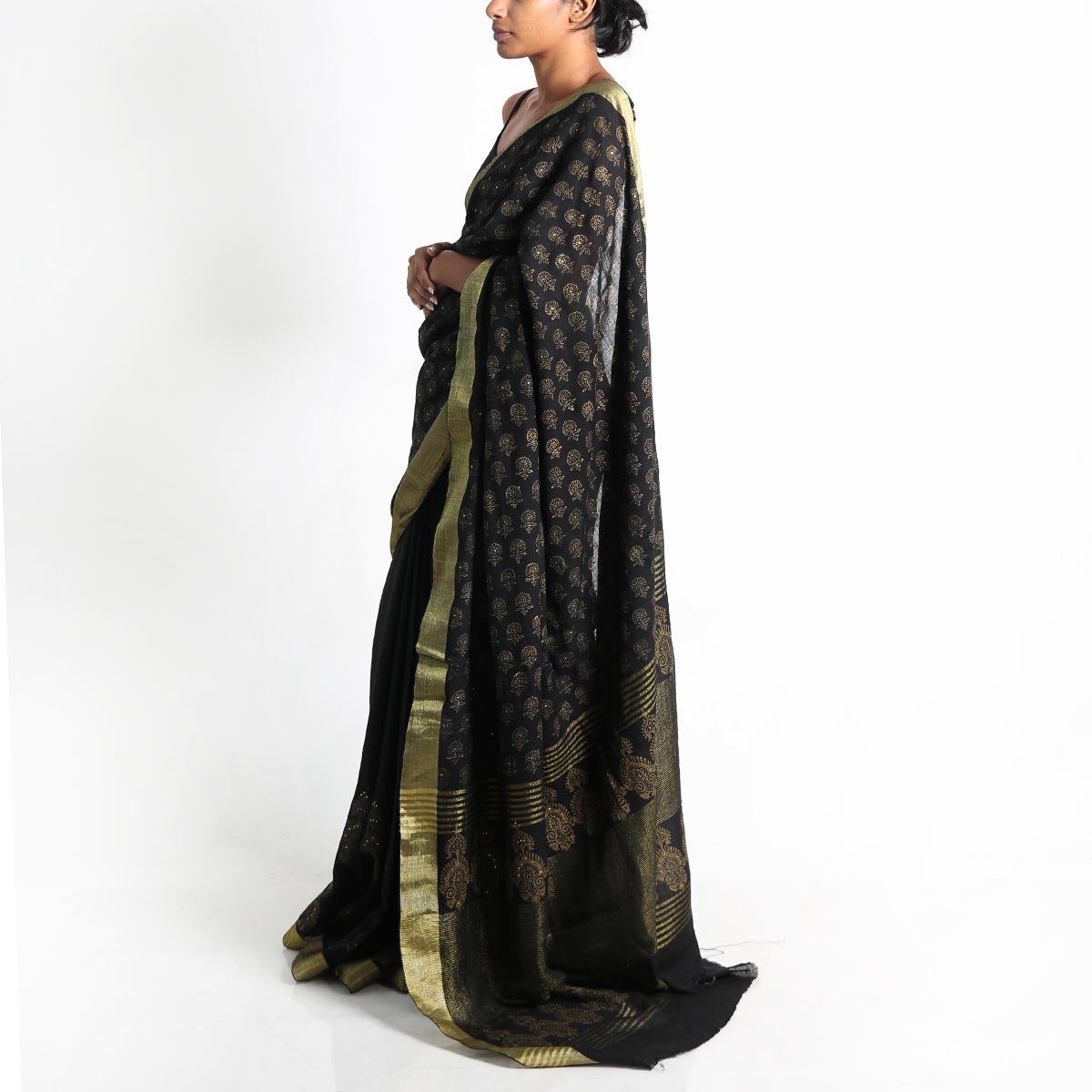 Black and Gold Embellished Block Printed Saree