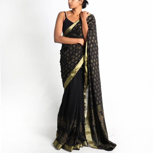 Black and Gold Embellished Block Printed Saree