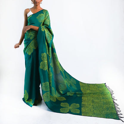 Emerald Oasis Block Printed Saree