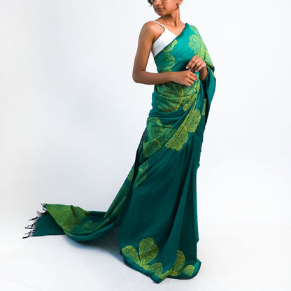 Emerald Oasis Block Printed Saree