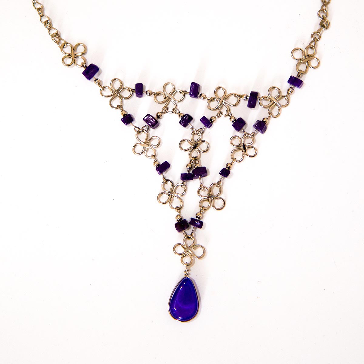 Floral Silver Necklace with Blue stones