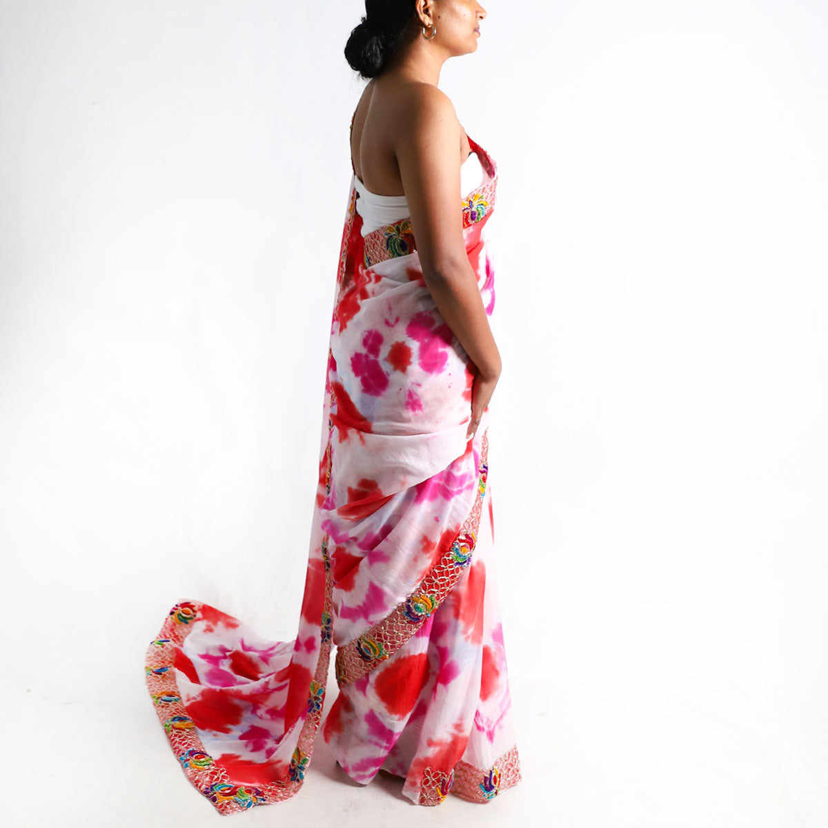 Crimson Bloom Tie-Dye Saree