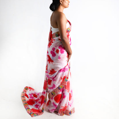 Crimson Bloom Tie-Dye Saree