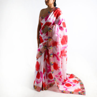 Crimson Bloom Tie-Dye Saree