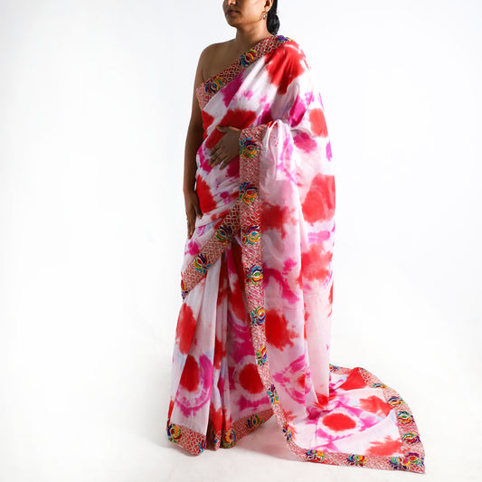 Crimson Bloom Tie-Dye Saree