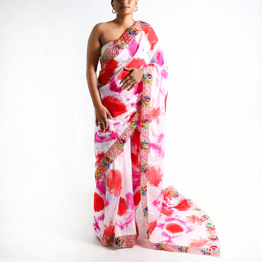 Crimson Bloom Tie-Dye Saree