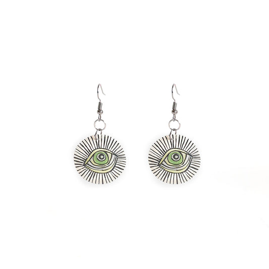 Emerald Eye Wooden Earrings