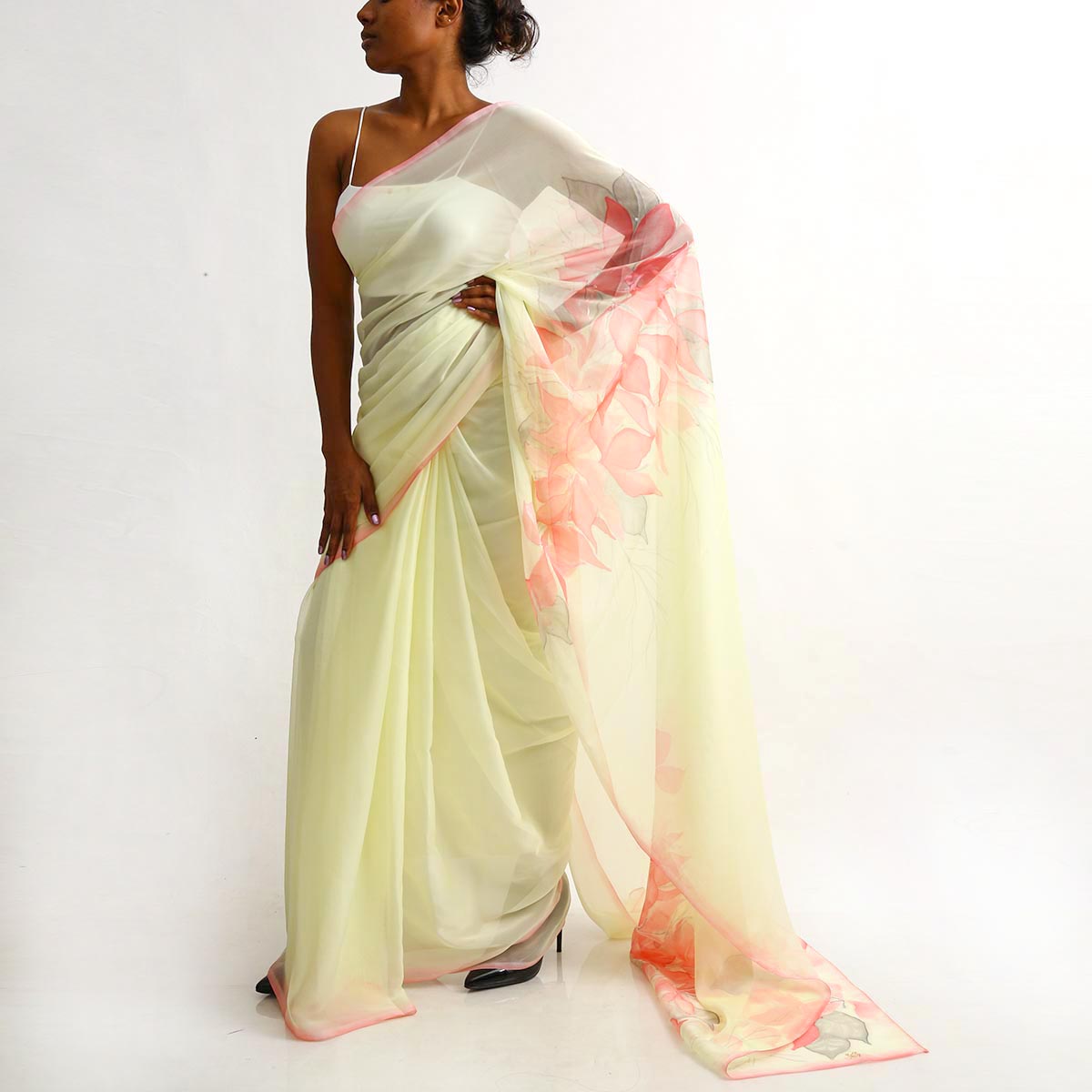 Hand painted Floral Pink Chiffon Saree
