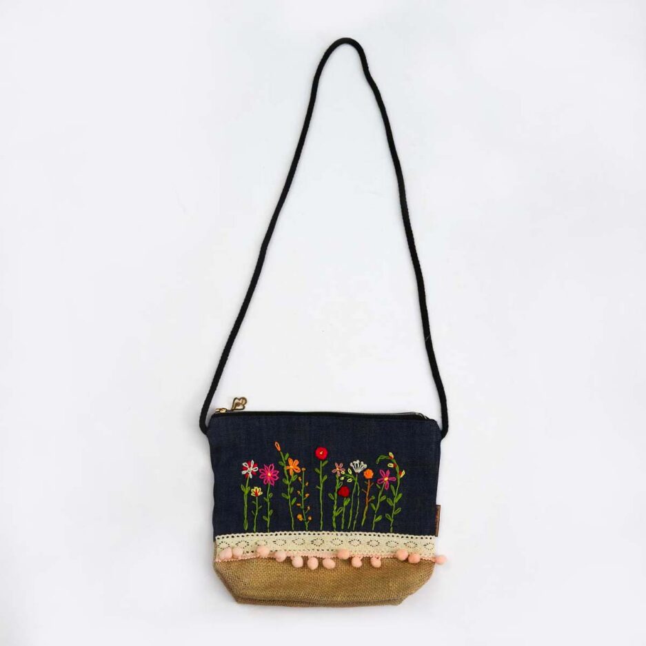 Denim Hand Embroidered Side Bag | Who We Are