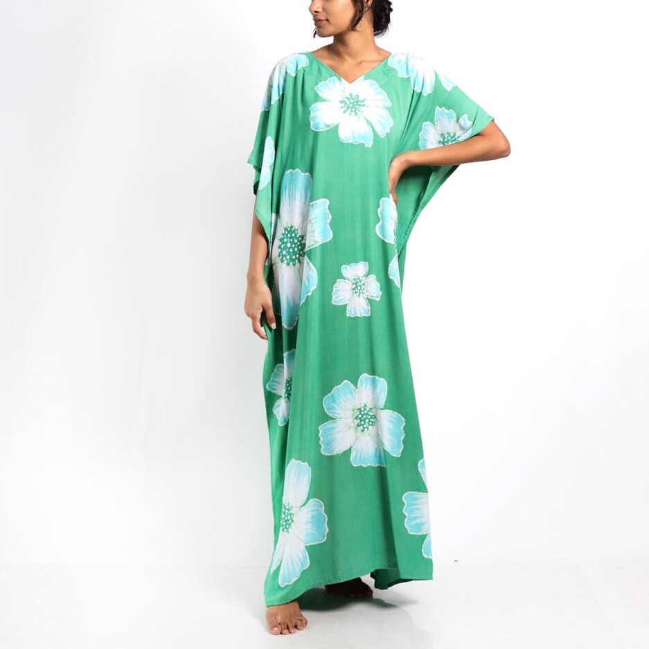 Soft Green Floral Batik Kaftan | Who We Are
